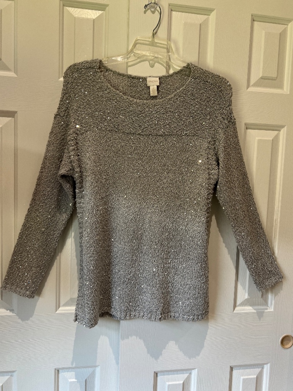 Chico's Sequin Metallic Knit Sweater Women Size 2 -LG Silver Long Sleeve Sequins